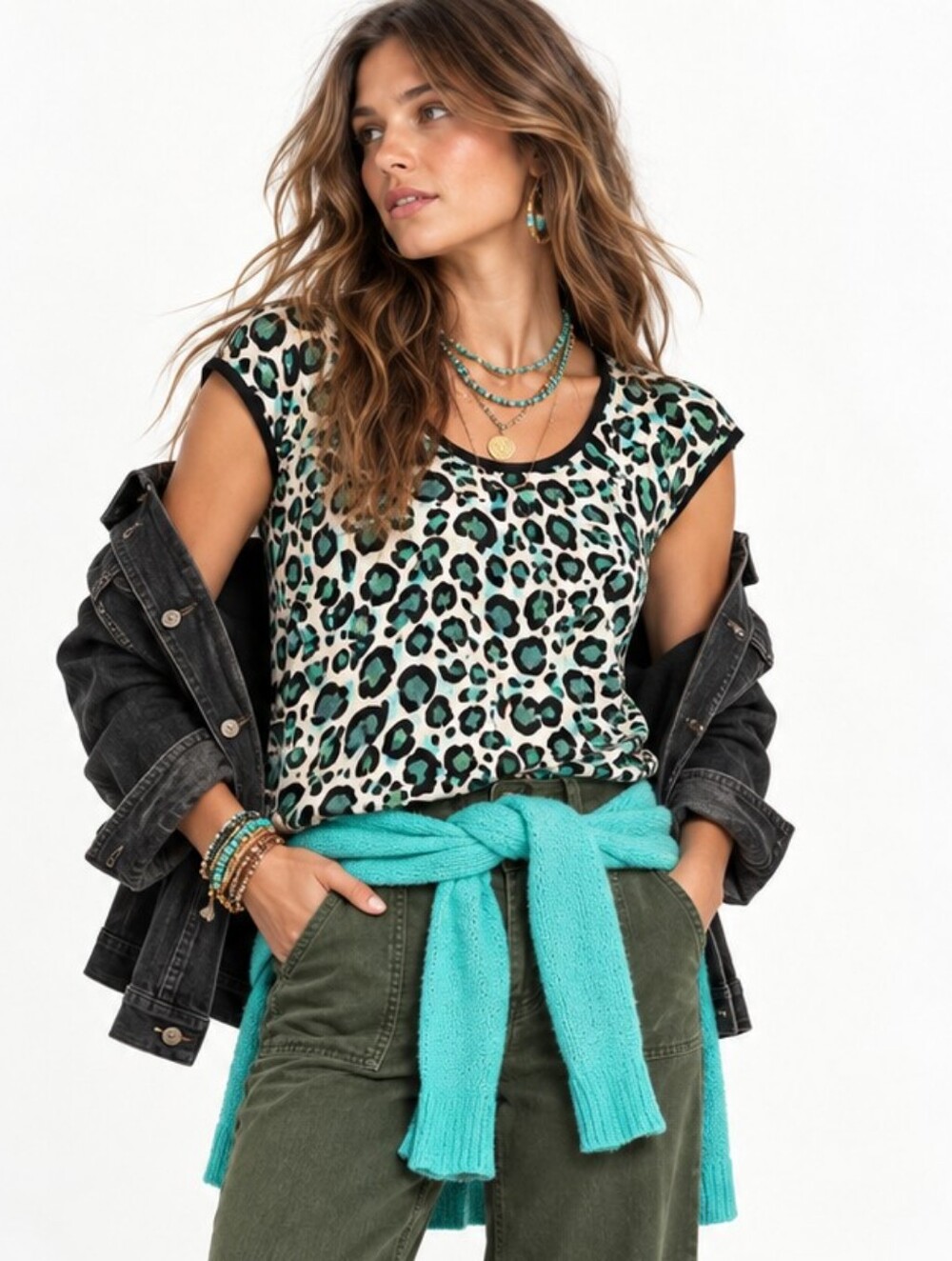 Cabi Leopard Print Tank Top Green and Black 3260